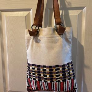 Canvas & Woven Accent Tote Bag in Cream with Brown Straps